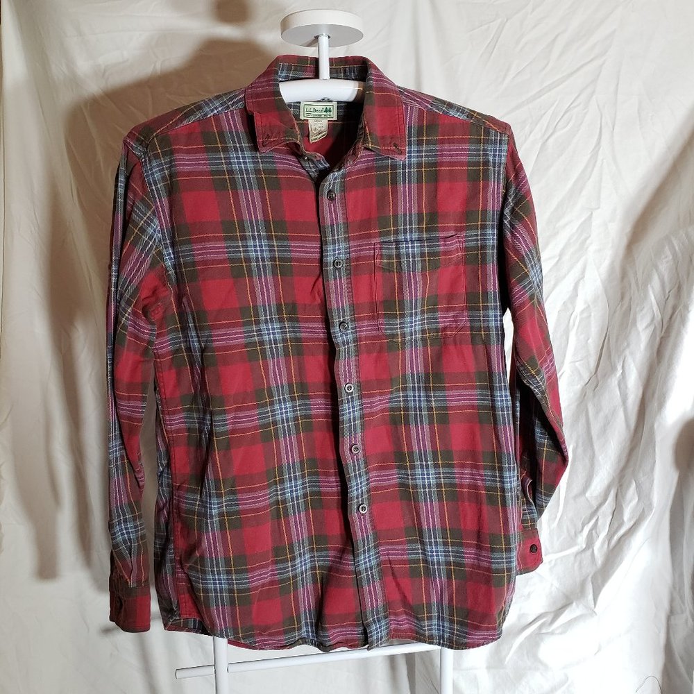 LL Bean Button Down Long Sleeve Plaid Shirt Red and Green Size M